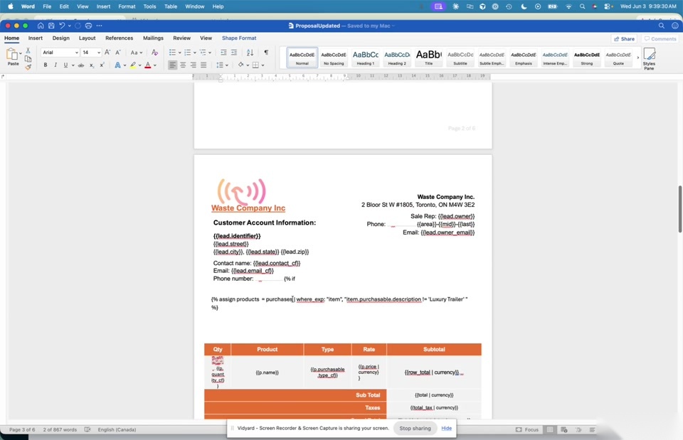 Template interior showing customer info and pricing table