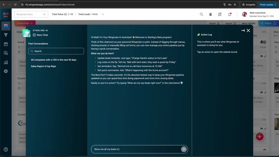 Starling expanded to full view showing the chat panel, past conversations, and Action Log