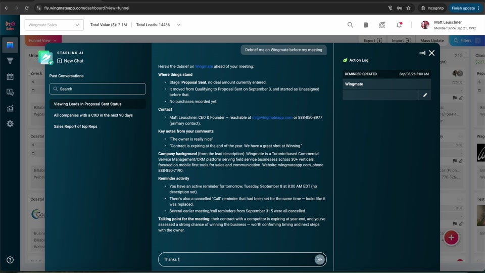Starling returning a full pre-meeting debrief for a lead including stage, contact, notes, and talking points