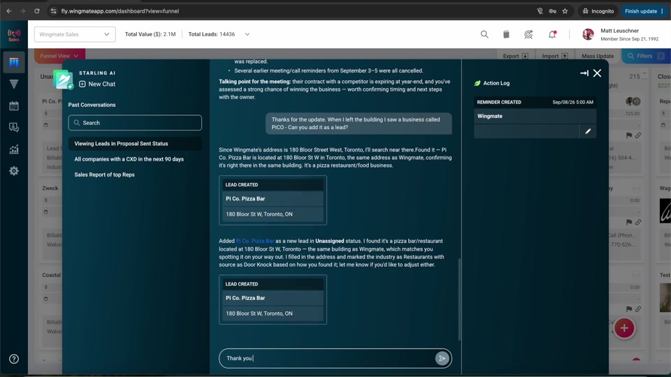 Lead added to the pipeline with confirmation in the chat and Action Log