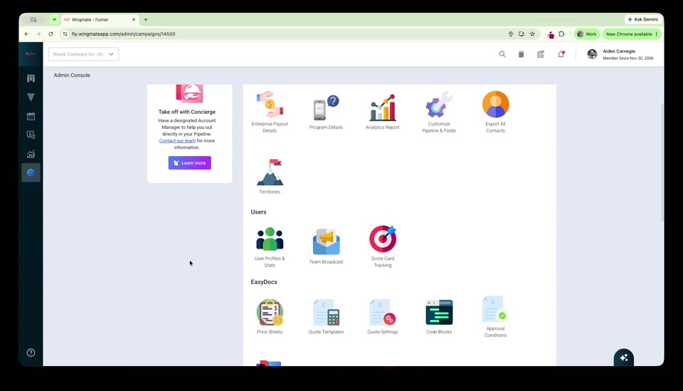 Admin Console showing the EasyDocs section with Price Sheets tile