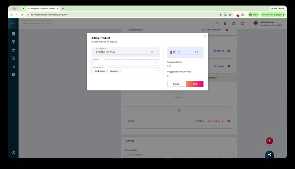 Add a Product modal showing item selection, price, quantity, and pickup days fields