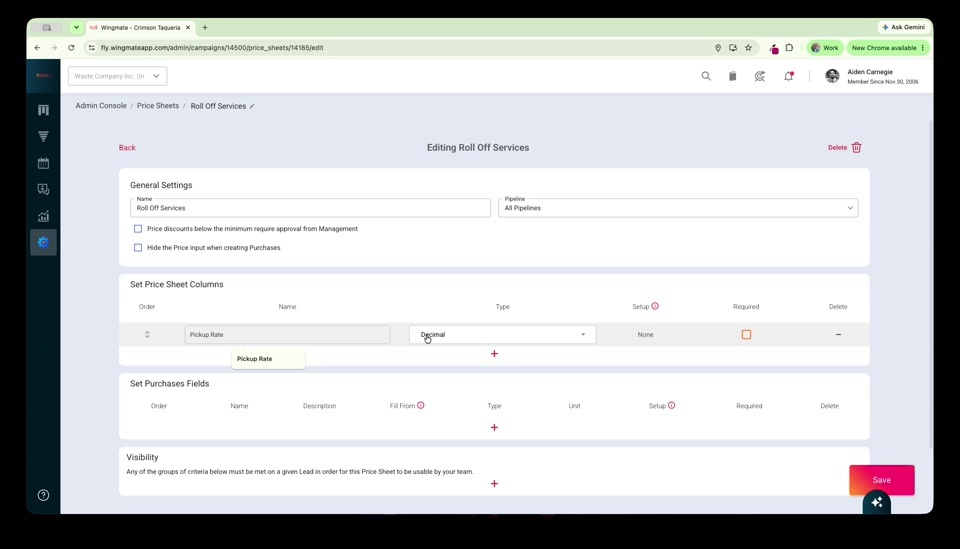 Roll Off Services sheet with a Pickup Rate column being configured