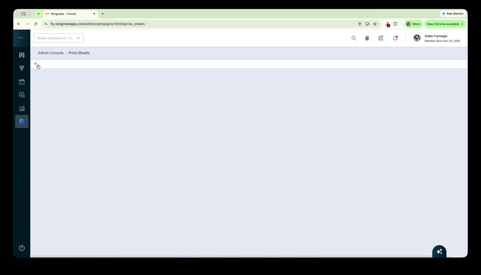Empty Price Sheets page with the plus button to create a new sheet