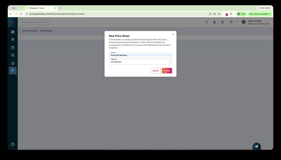 New Price Sheet modal with name and pipeline fields