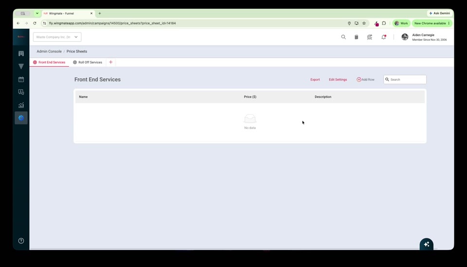 Newly created Front End Services price sheet with no items yet