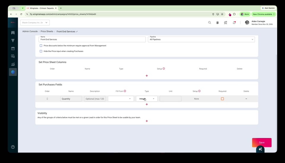 Edit Settings page for a price sheet showing all four configuration sections