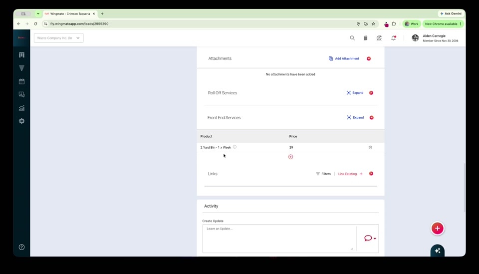 Lead record showing price sheet sections for Front End Services and Roll Off Services