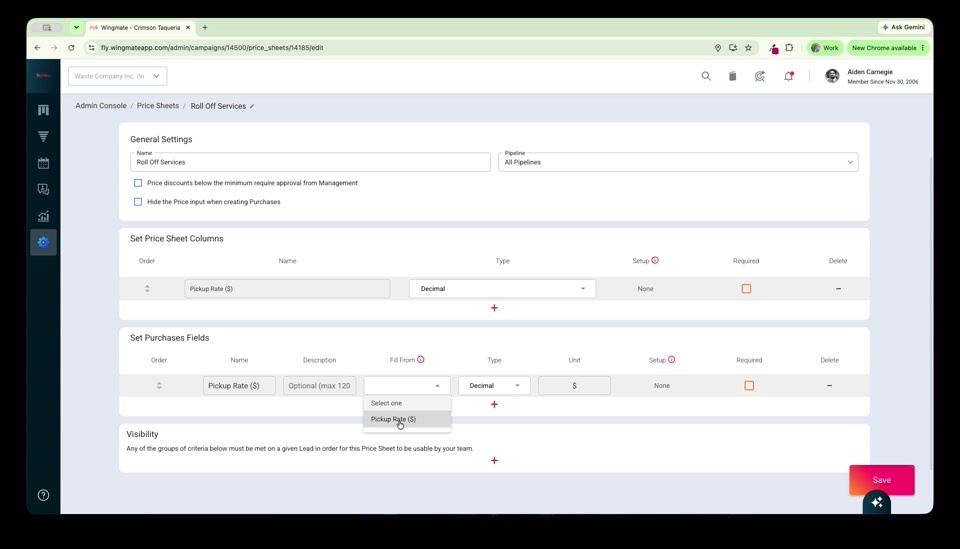Fill From dropdown on a Purchases Field linking it to the Pickup Rate column