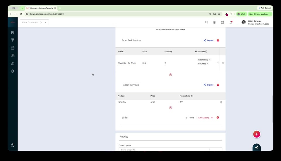 Lead record showing both Front End Services and Roll Off Services sections with products added