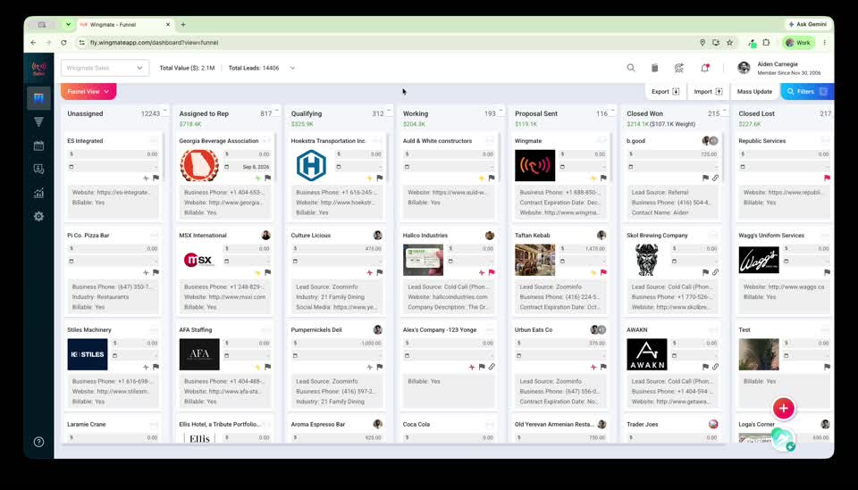 Funnel view showing lead tiles with custom field summaries