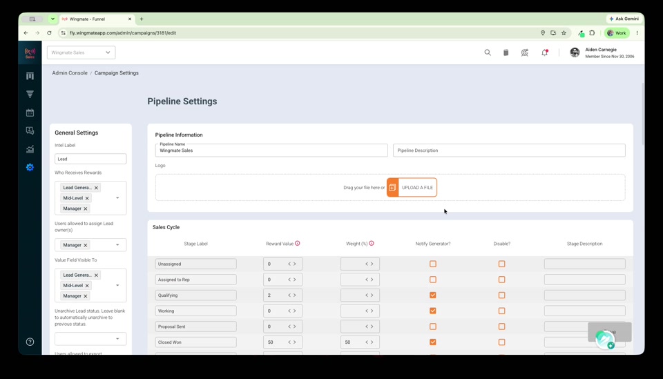 Pipeline Settings page