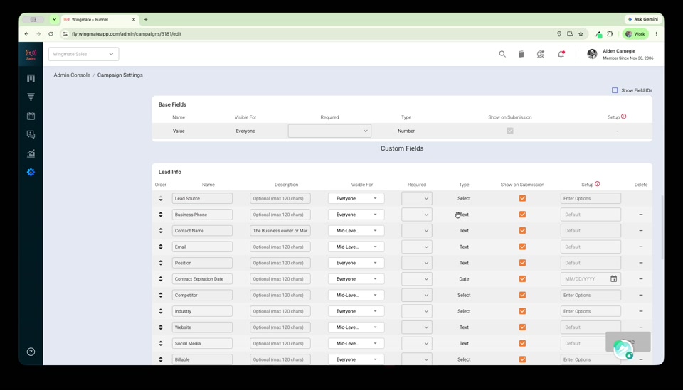 Custom Fields section listing the Lead Info fields in order