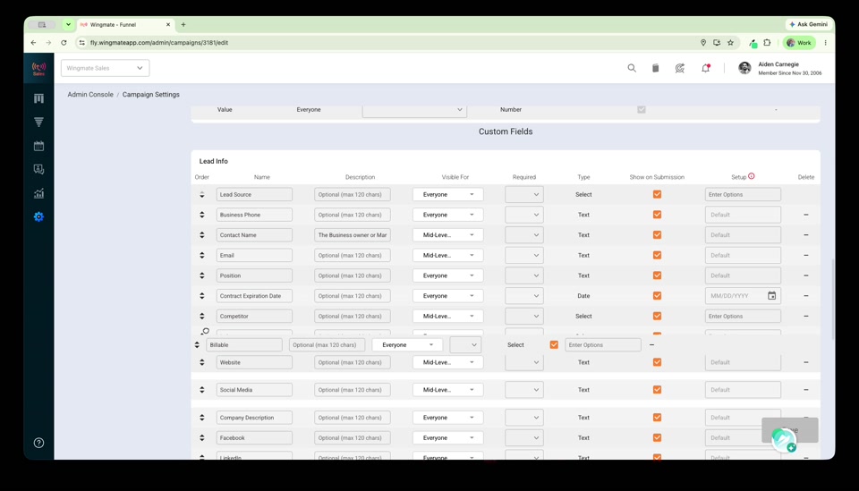 Dragging the Billable field up the custom fields list
