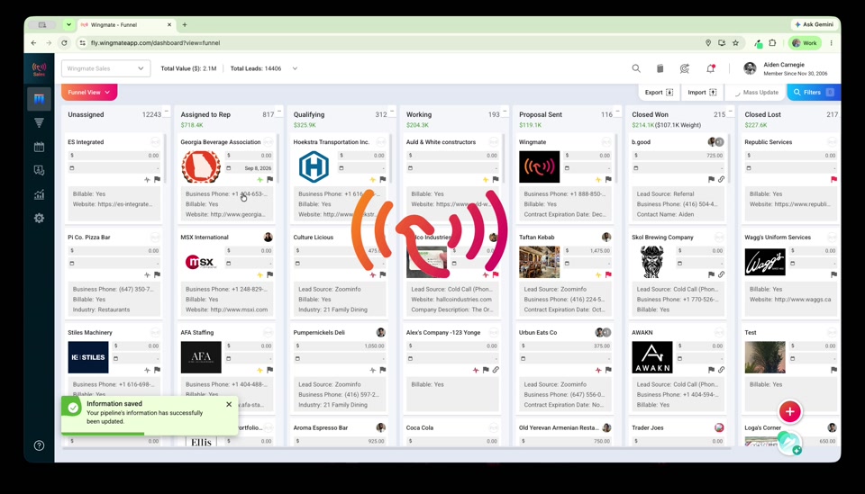 Funnel view after saving, with tiles showing Billable directly below Business Phone