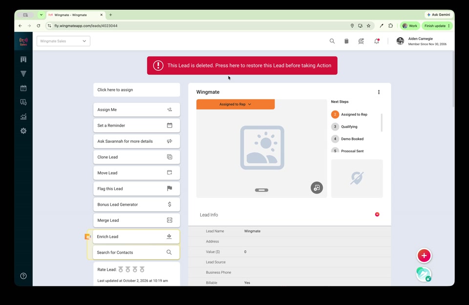 Lead page with a red banner saying the lead is deleted and can be restored