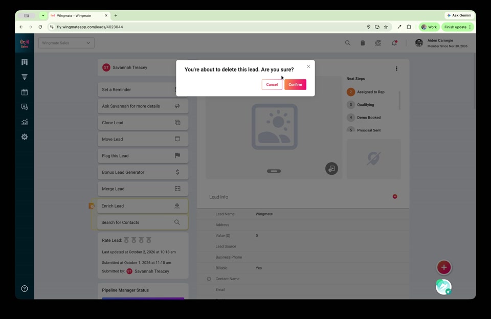 Confirmation message asking if you are sure you want to delete the lead, with Cancel and Confirm buttons